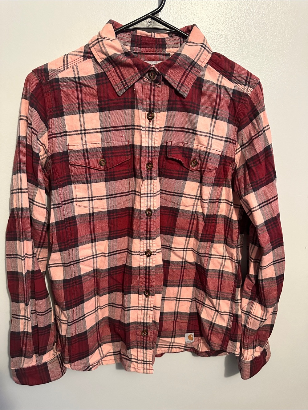 Carhartt Women’s Plaid Flannel Button Down Shirt Pink Maroon Small (4/6)